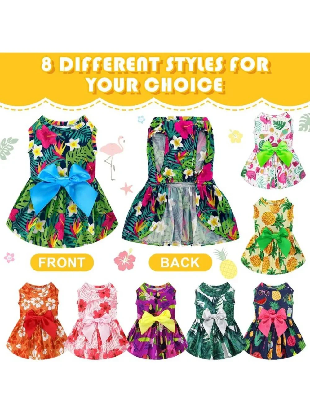 Summer Hawaii Dog Dresses - 8 Pcs Floral Flamingo Skirts for Girls & Cats, Beach